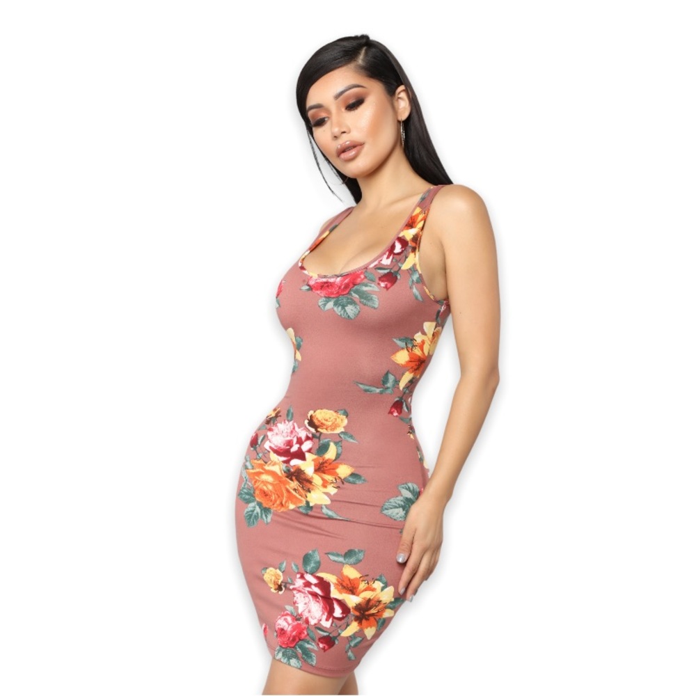 Heart & Hips Woman’s Milk Chocolate Floral Autumn Sleeveless Comfy Bodycon Dress - Picture 4 of 9